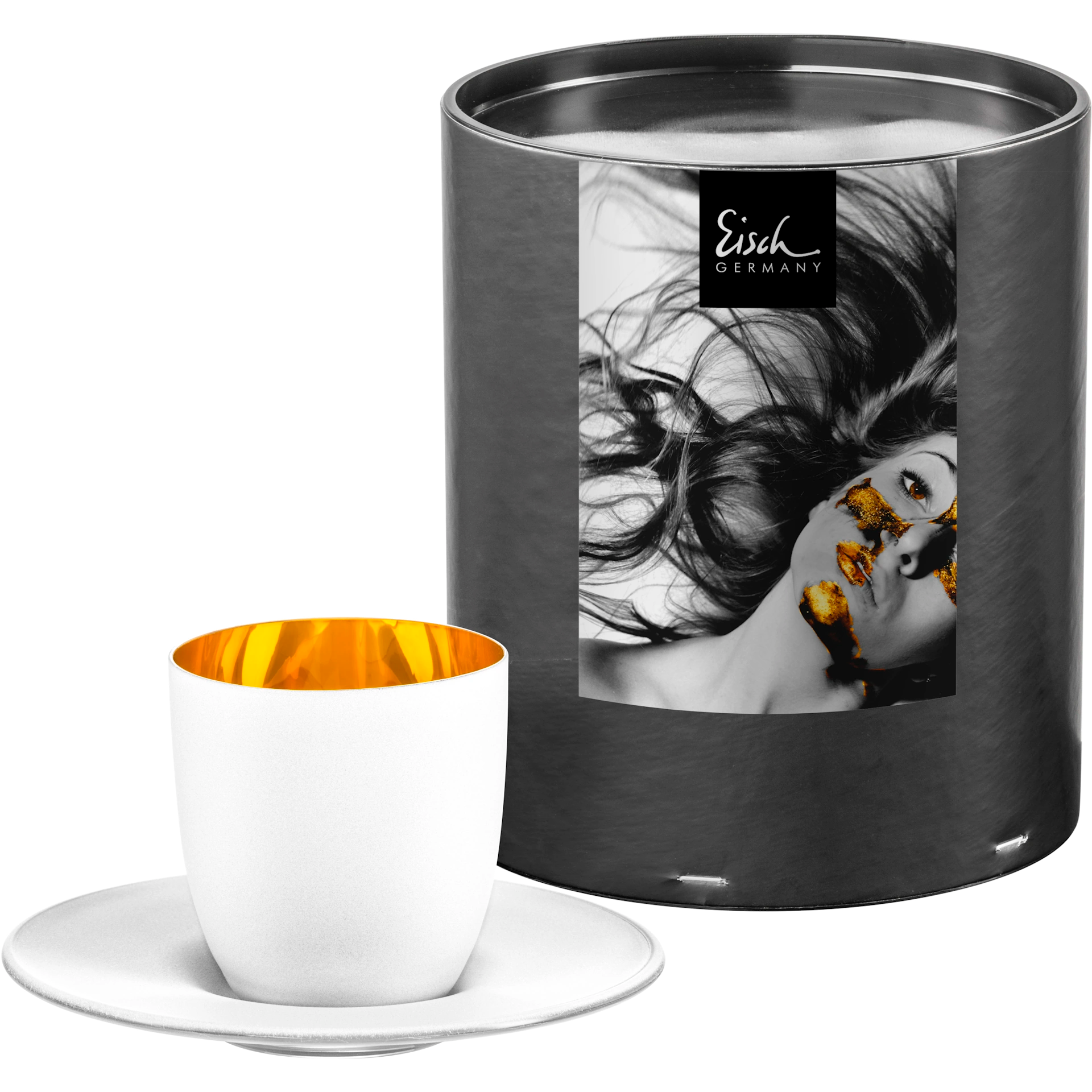 Eisch Espressoglas + Untersetzer - Cosmo gold/weiß in Geschenkröhre 109/6