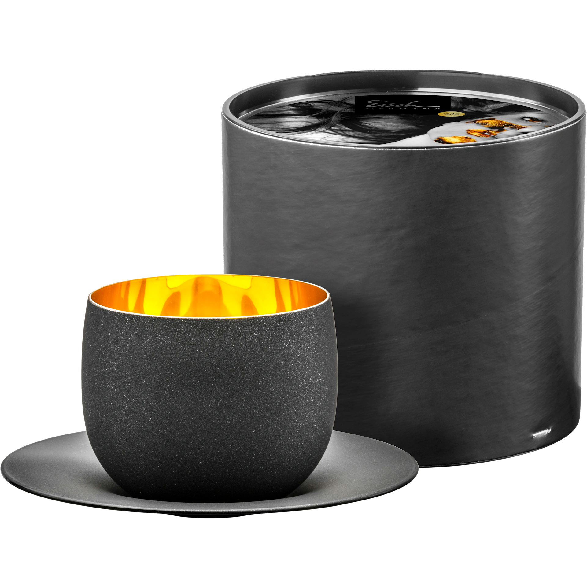 Eisch Cappuccinoglas mit Untersetzer - Cosmo gold in Geschenkröhre 109/3 gold/schwarz