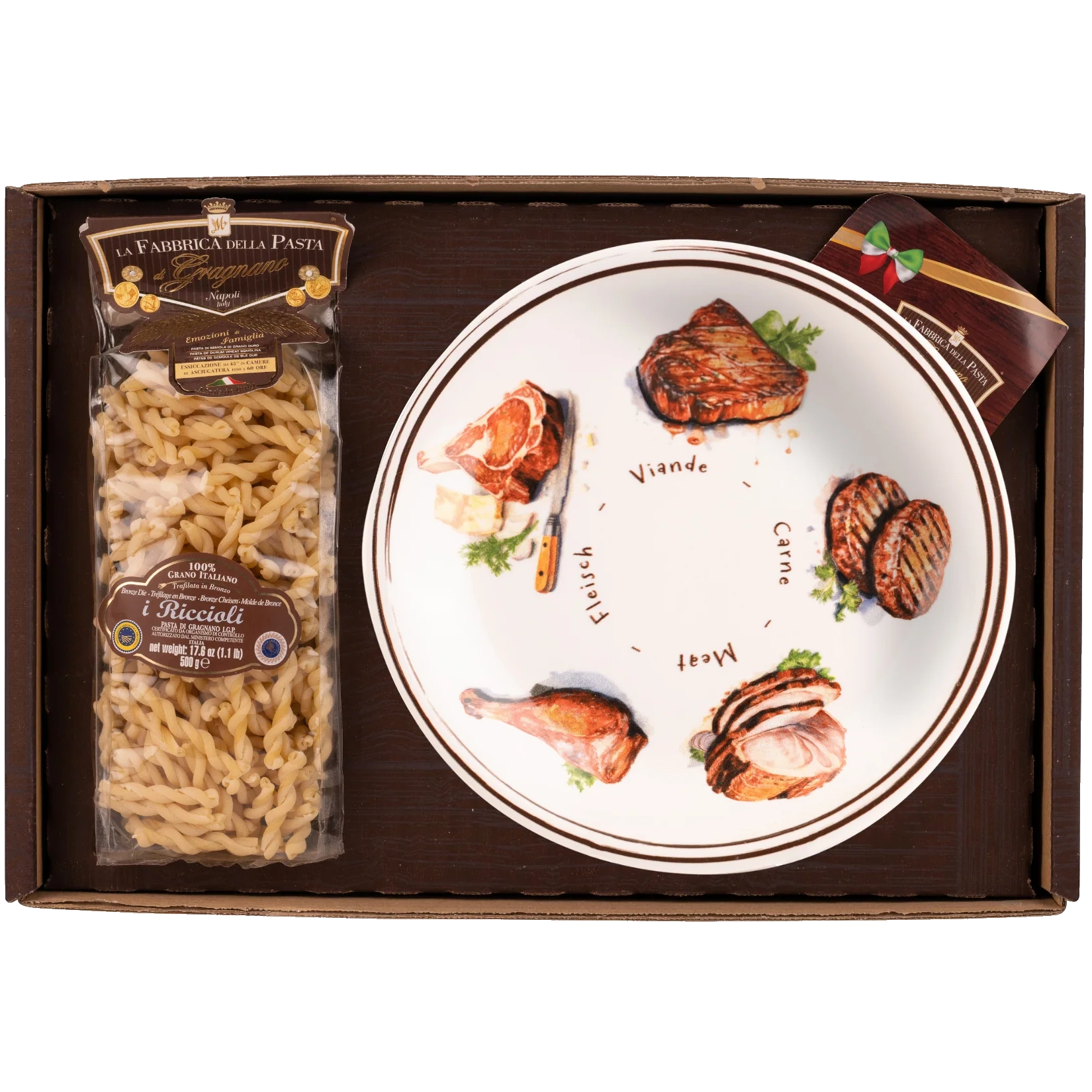 Pasta di Gragnano IGP Nudeln + Keramikteller Fleisch-Dekor 27cm (753)
